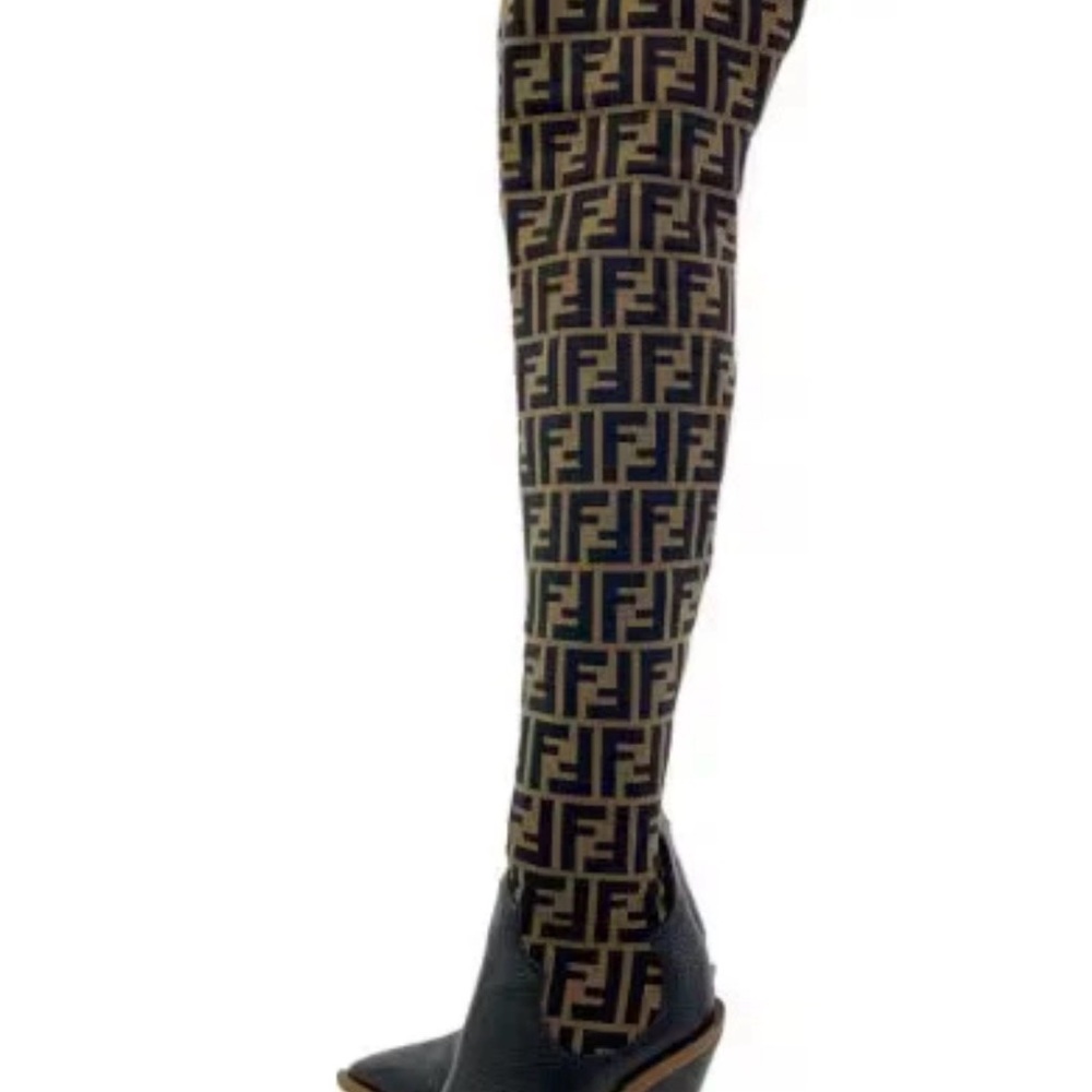 Fendi Black and Tan Patterned Knee-High Boots